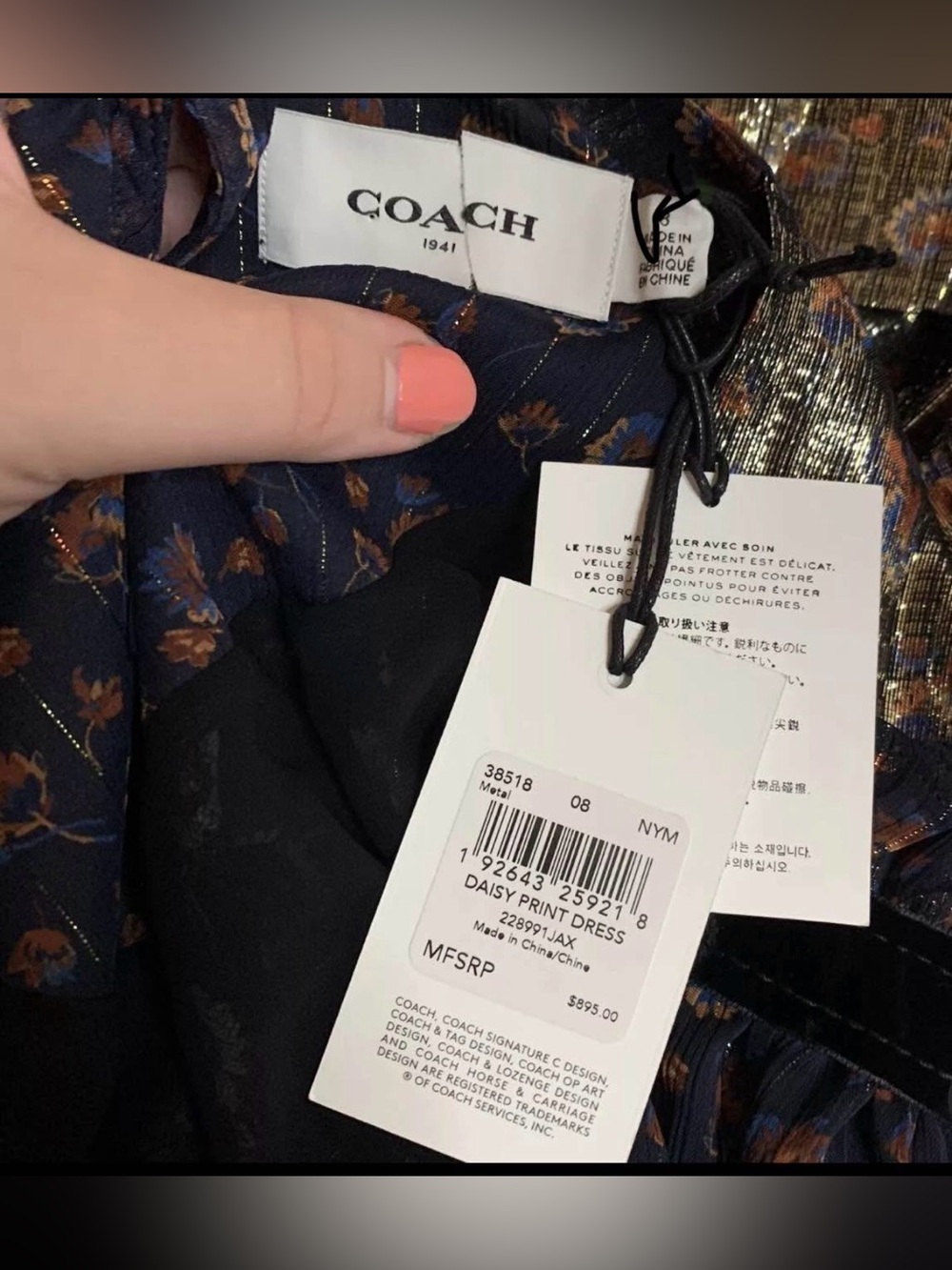 Coach Navy and Gold Floral Metallic Dress